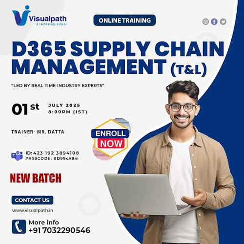 🎓Enroll now for D365 Supply Chain Management (T&L) online training! Learn from industry experts.  👨‍🏫 Trainer: Mr. Datta
 🗓 Start Date: 01st July 2025 ⏰ Time: 8:00 PM IST
 🔗 Join Zoom Session: https://bit.ly/43O9iGB
 🆔 Meeting ID: 423 132 9894108 🔐 Passcode: BD99Ca9m
 📞 Call Us: +91 7032290546
 📩 WhatsApp: https://wa.me/c/917032290546
 🌐 Visit: https://www.visualpath.in/online-dynamics-365-supply-chain-management.html
 📝 Read Blog: https://visualpathblogs.com/d365-supply-chain-management-functionaltl/
🎯 Ideal for:
 ✅ Transport & Logistics professionals upgrading to digital ERP
 ✅ D365 T&L consultants and implementers
 ✅ Warehouse, inventory & freight control managers
 ✅ Freshers & professionals entering ERP & Supply Chain
 ✅ Anyone aiming for Microsoft Dynamics 365 career growth