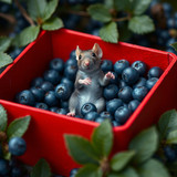 www.naked-ai.art - A red box of blue berries with a rat dancing inside