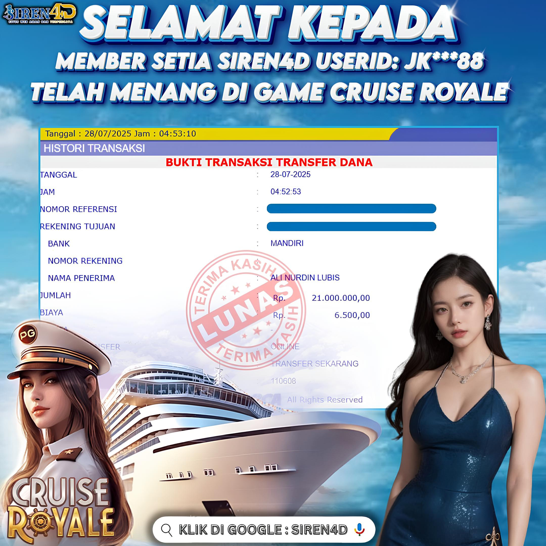 SIREN4D  - JACKPOT DI GAME SLOT CRUISE ROYALE RP 21JT DIBAYAR LUNAS