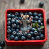 www.naked-ai.art - A red box of blue berries with a rat dancing inside
