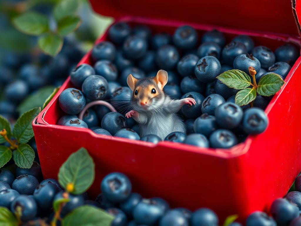 A red box of blue berries with a rat dancing inside