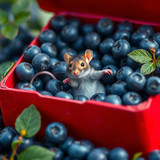 www.naked-ai.art - A red box of blue berries with a rat dancing inside