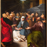 ANTWERP, BELGIUM - SEPTEMBER 4: Paint of Pentecost scene from cathedral on September 5, 2013 in Antw