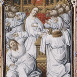 Pentecost the Holy Spirit descends upon Mary and the apostles Book of hours Simon de Varie KB 74 G37