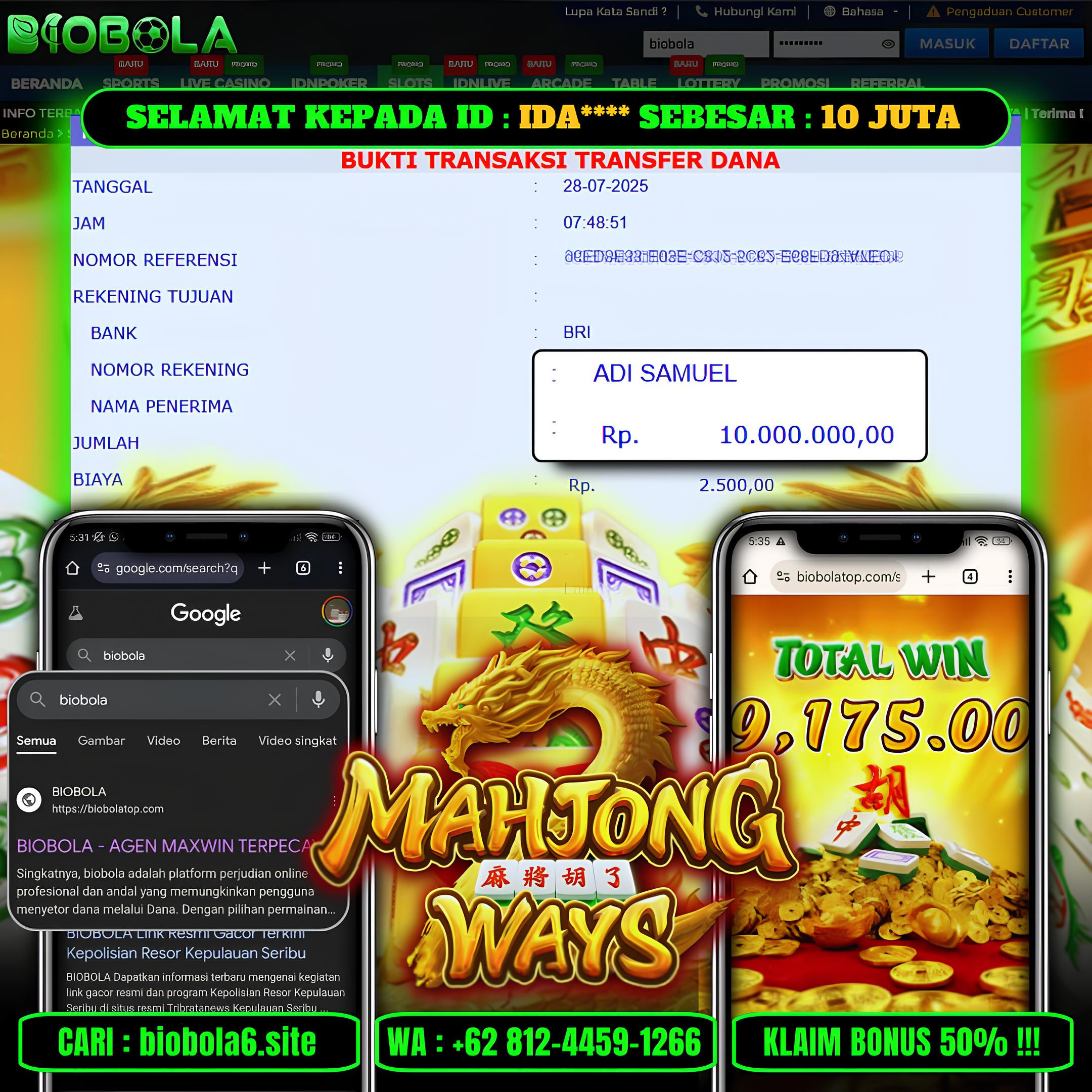 BIOBOLA  - JACKPOT DI GAME SLOT MAJJONG MEGAWAYS RP 10JT DIBAYAR LUNAS