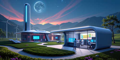 A futuristic AI center nestled in a lush green valley powered by a cutting edge fusion reactor The r.jpg