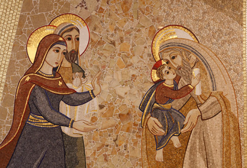 A mosaic of Mary and Joseph presenting the child Jesus to Simeon decorates the chapel of the Jesuit .jpg