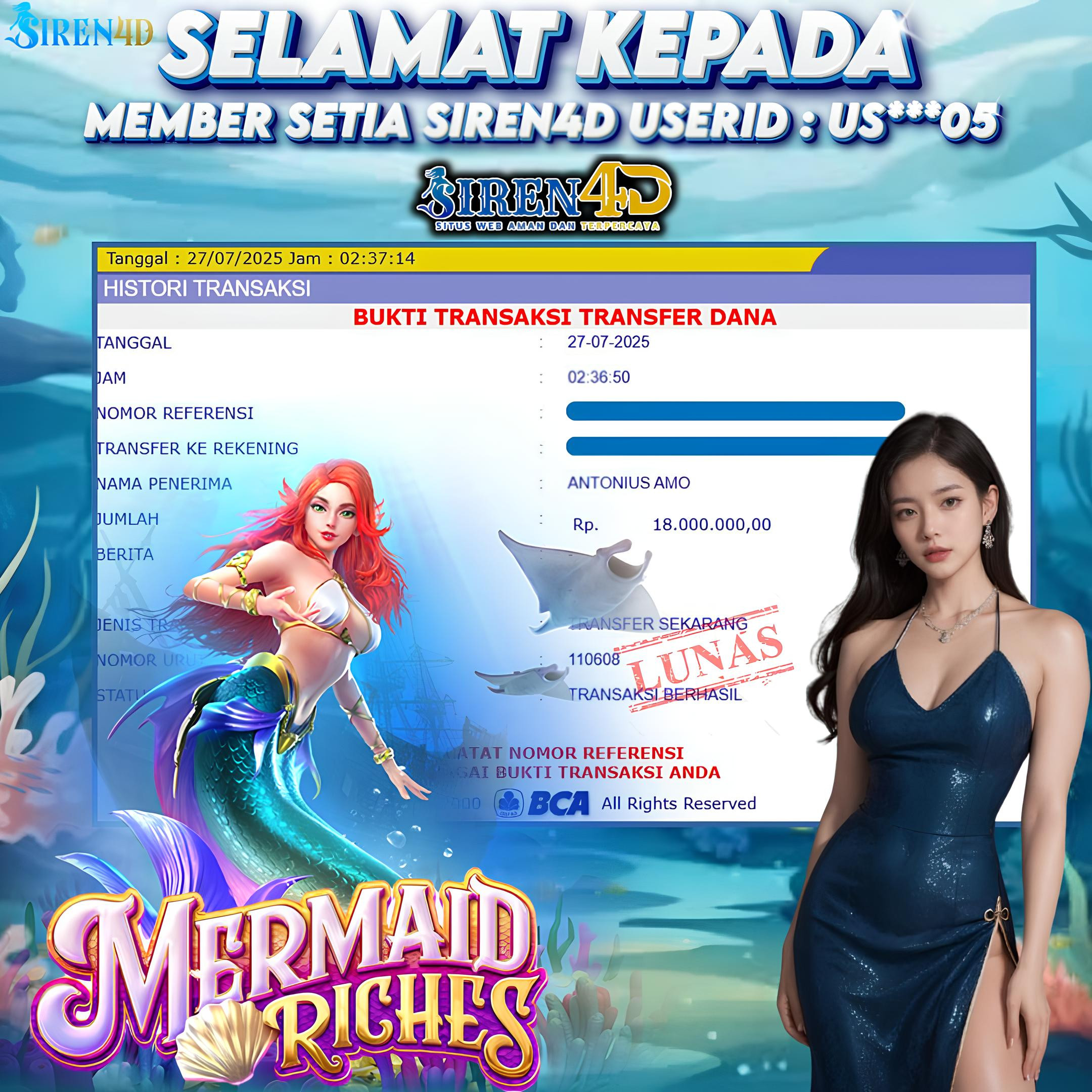 SIREN4D  - JACKPOT DI GAME SLOT MERMAID RICHES RP 18JT DIBAYAR LUNAS
