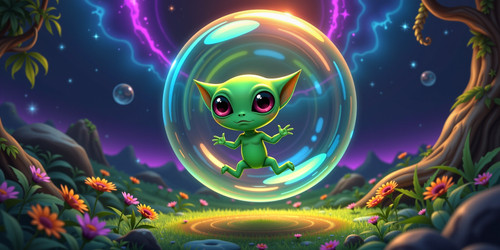 A whimsical and surreal scene featuring an Absurdly Adorable Alien AAA trapped inside a massive perf.jpg