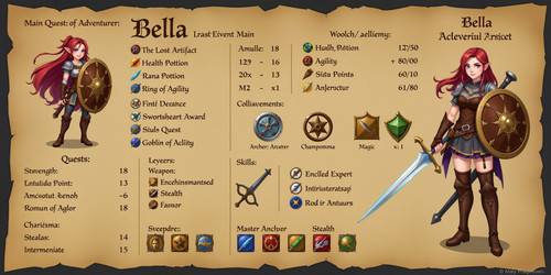 A detailed RPG character sheet featuring Bella as the main character presented in a stylized medieva.jpg