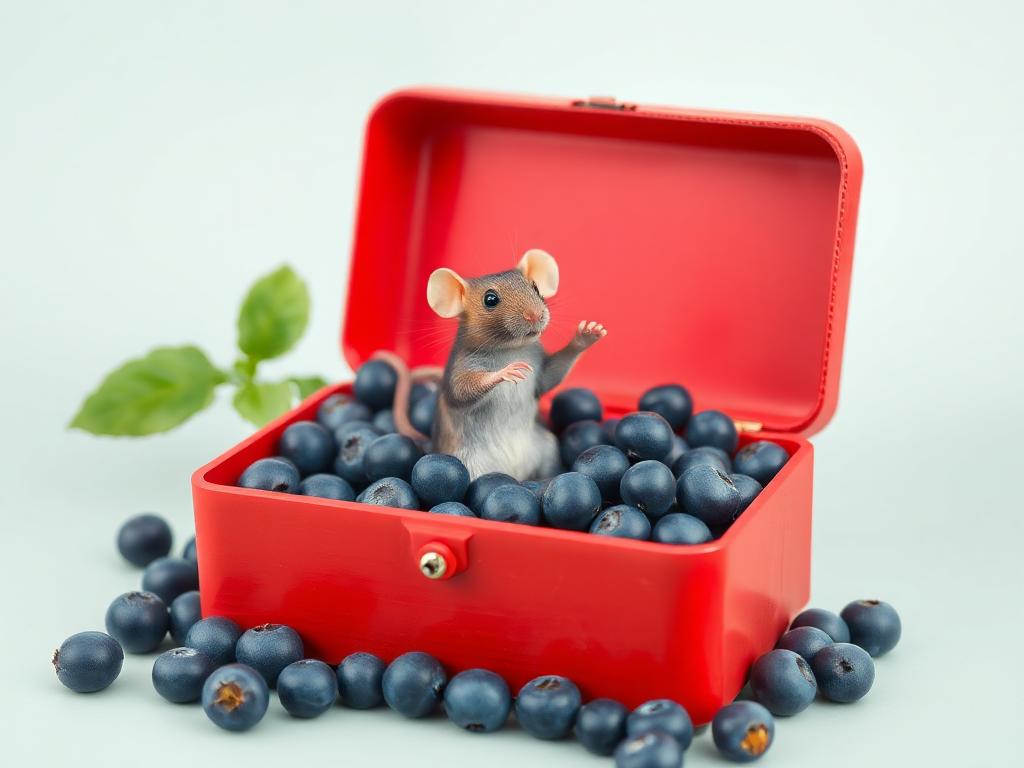 A red box of blue berries with a rat dancing inside