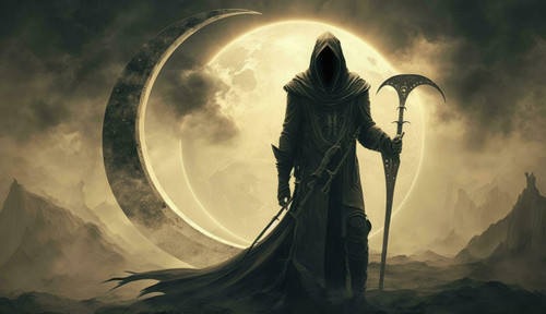 illustration painting of the death as know as grim reaper holding the scythe against the eclipse on .jpg
