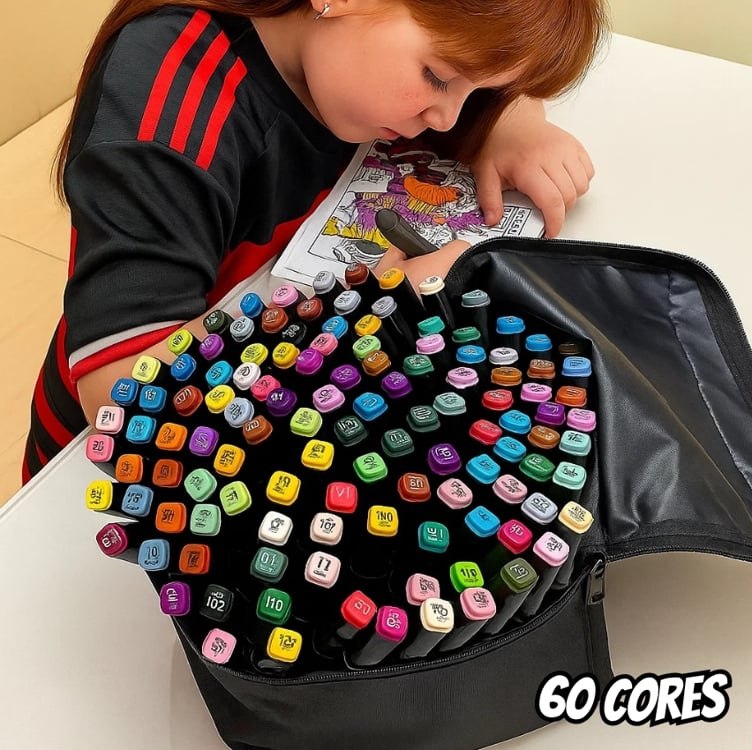 Conjunto Canetas Marcador Canetinha Ponta Dupla 60 Cores Kit