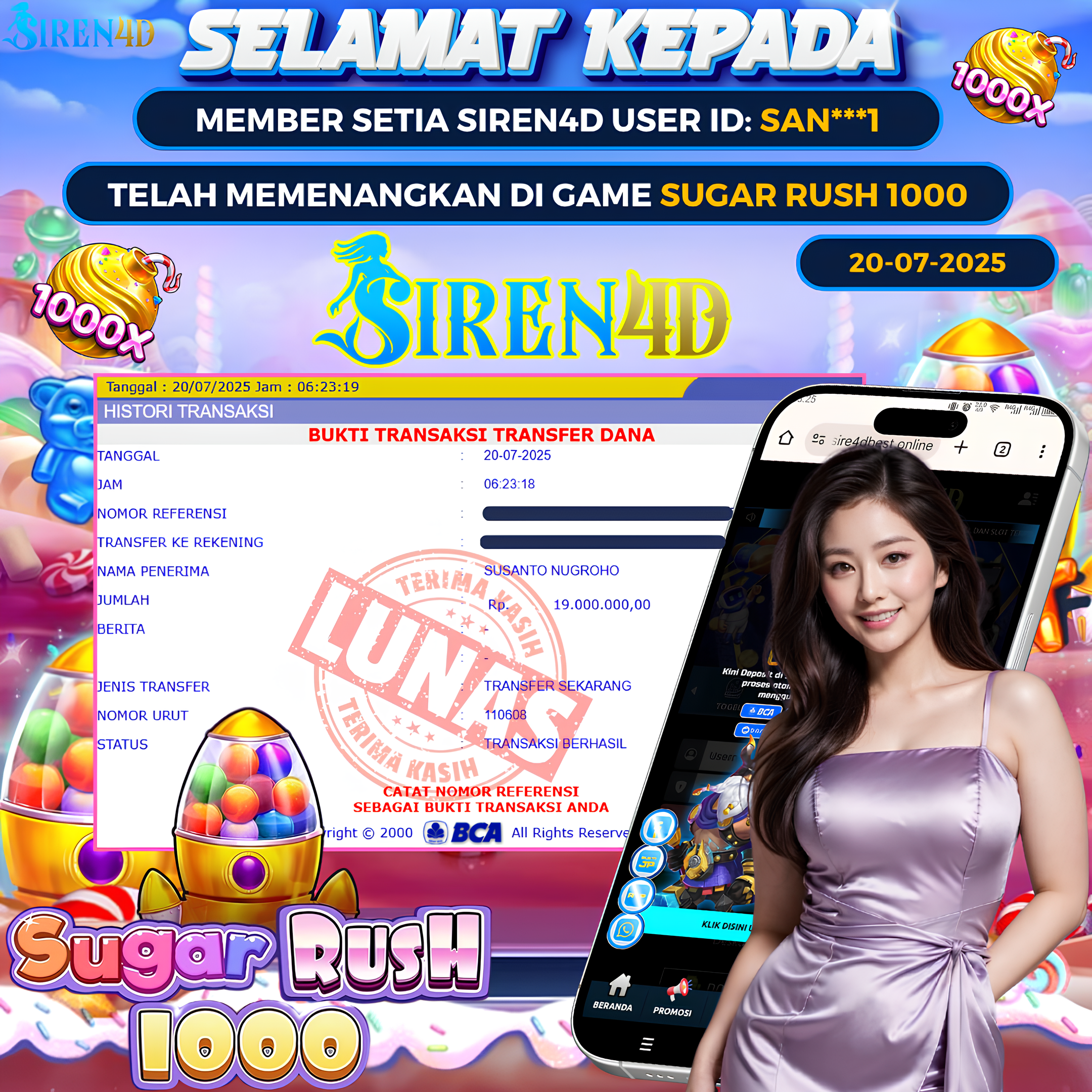 SIREN4D  - JACKPOT DI GAME SLOT SUGAR RUSH 1000 RP 19JT DIBAYAR LUNAS