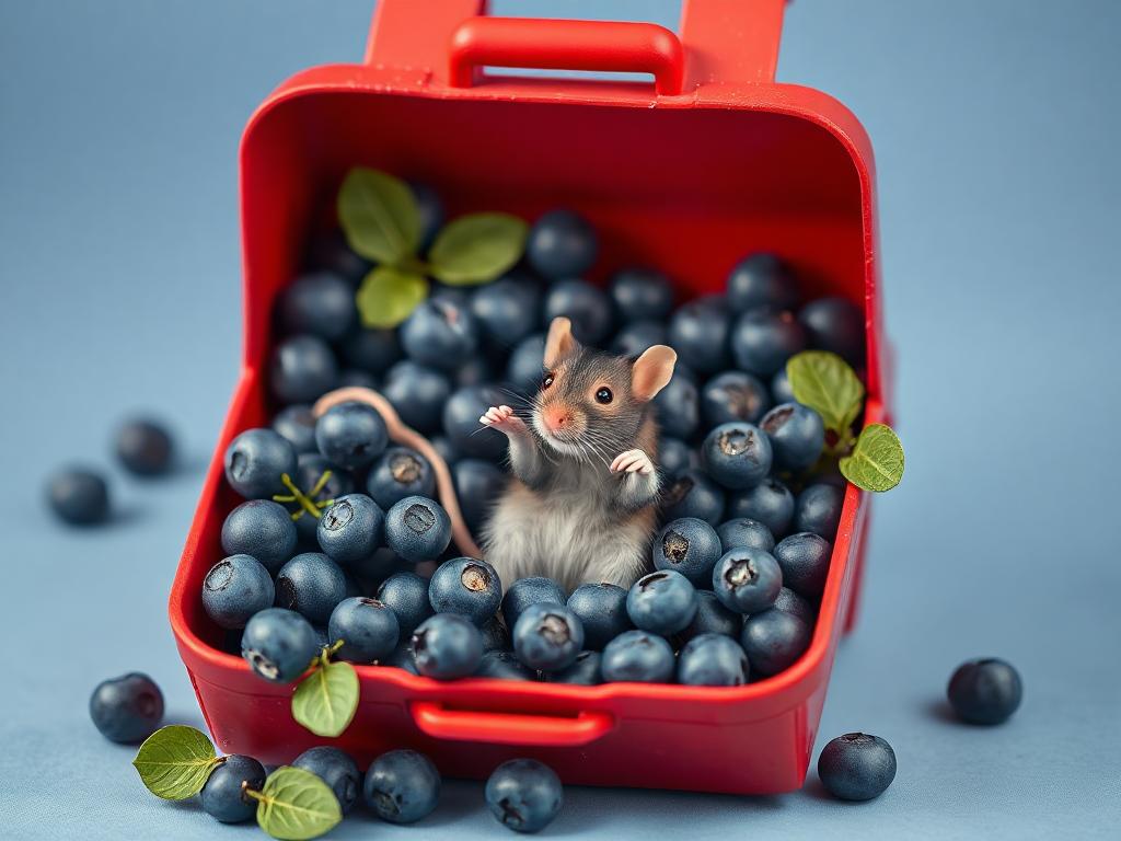 A red box of blue berries with a rat dancing inside
