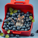 www.naked-ai.art - A red box of blue berries with a rat dancing inside