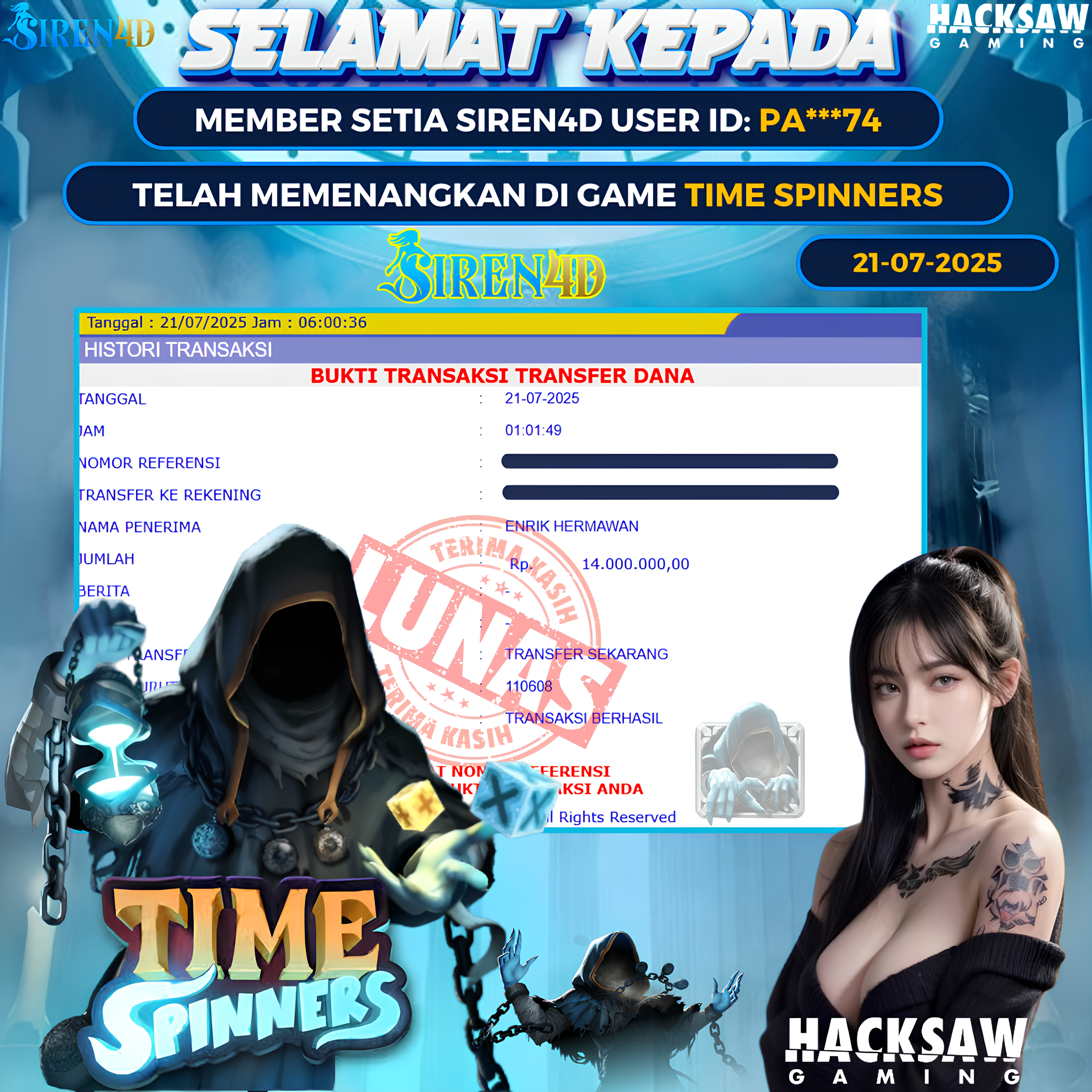 SIREN4D  - JACKPOT DI GAME SLOT TIME SPINNERS RP 14JT DIBAYAR LUNAS