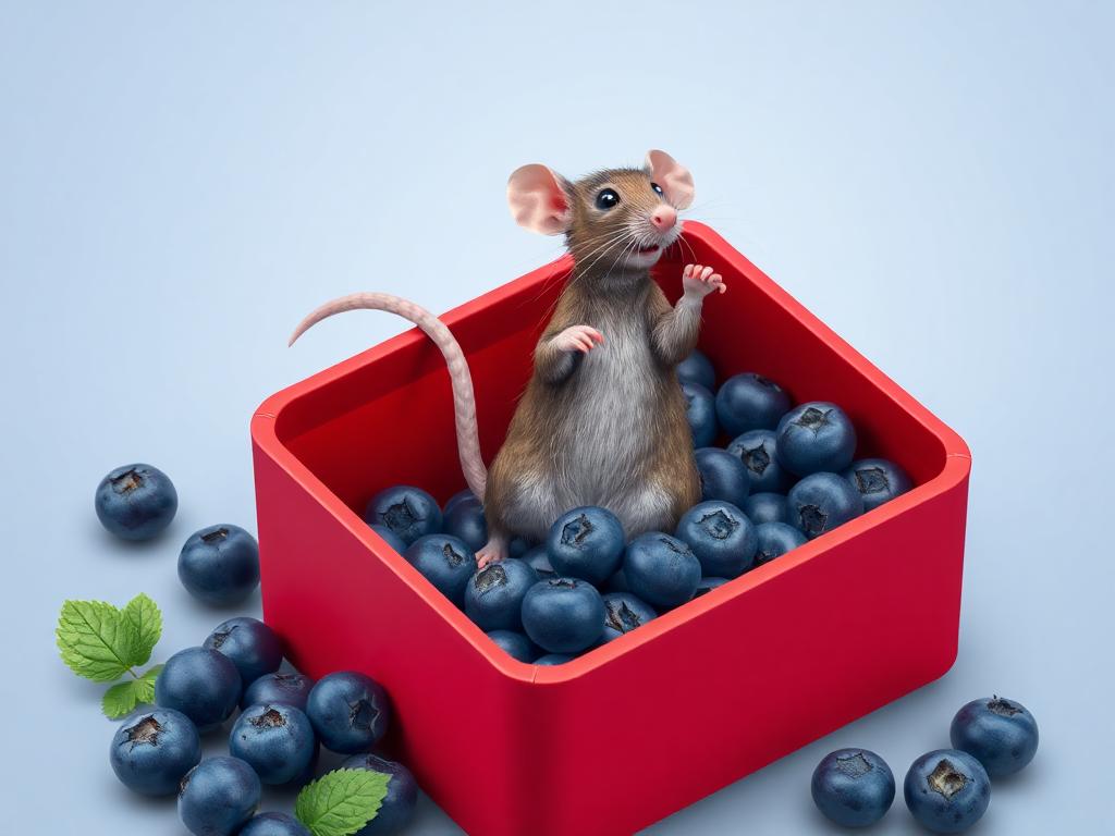 A red box of blue berries with a rat dancing inside