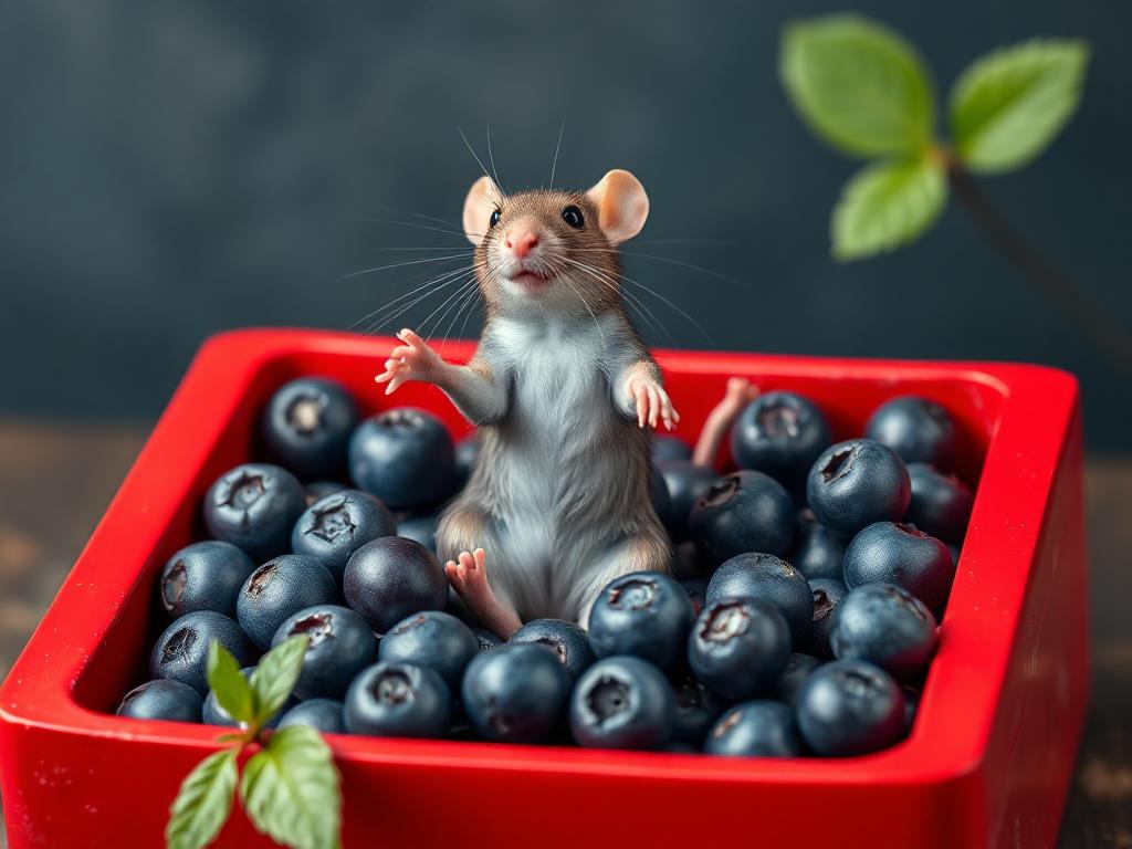 A red box of blue berries with a rat dancing inside