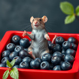 www.naked-ai.art - A red box of blue berries with a rat dancing inside