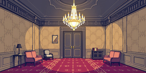 A pixel art waiting room inspired by Deltarune featuring a grand chandelier hanging from the ceiling.jpg