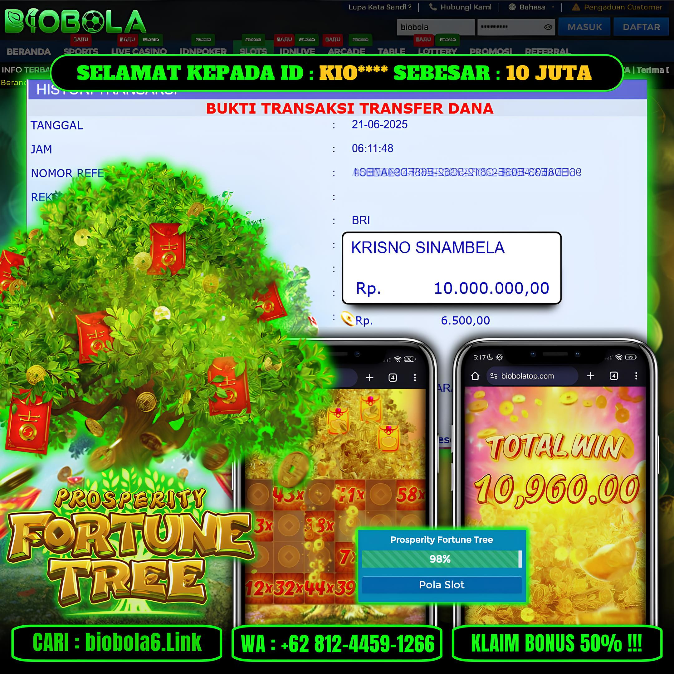 BIOBOLA  - JACKPOT DI GAME SLOT PROSPERITY FORTUNE TREE RP 10JT DIBAYAR LUNAS