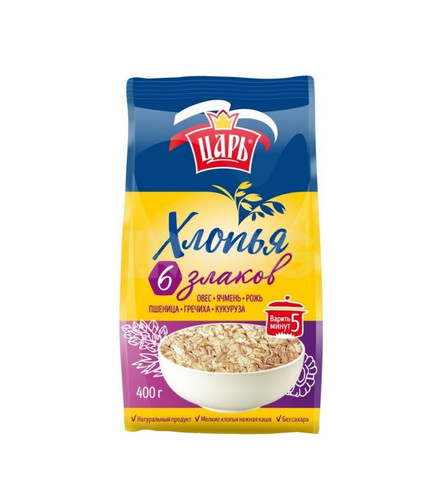 4603134002467 КАША ЦАРЬ 6 ЗЛАКА ОВСЯНЫЕПШЕНИЧНЫЕЯЧМЕННЫЕРЖАНЫЕГРЕЧНЕВЫЕКУКУРУЗНЫЕ ХЛОПЬЯ 400 Г КОР. .jpg