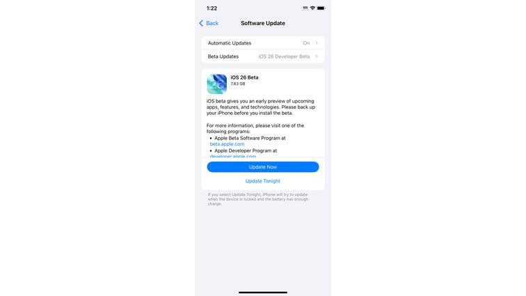None iPhone screen explaining about the developer’s version of iOS 26.