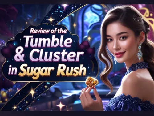 buatkan banner promosi dengan di berikan tulisan Review Fitur Tumble & Cluster di Sugar Rush serta m.webp