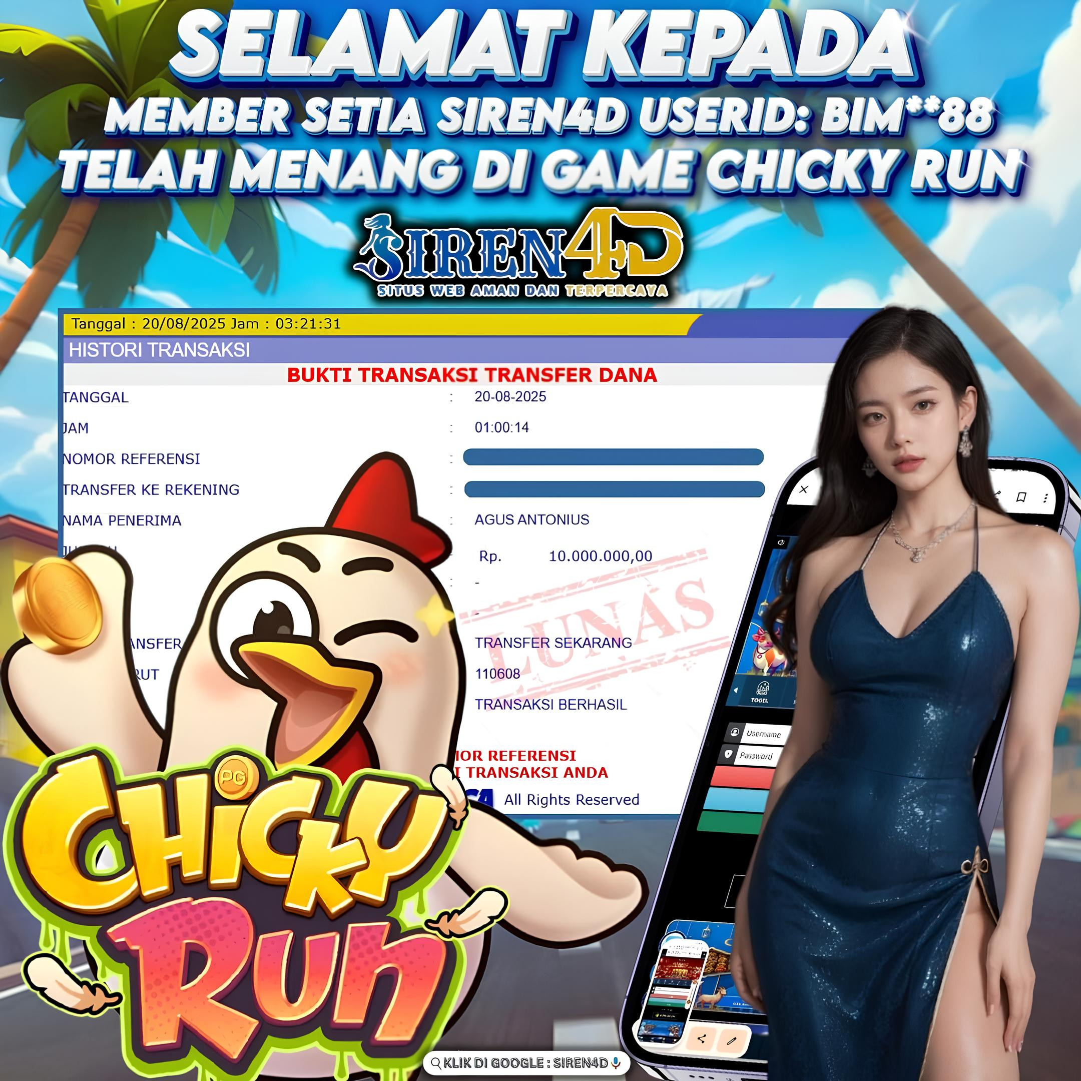SIREN4D  - JACKPOT DI GAME CHICKY RUN RP 10JT DIBAYAR LUNAS