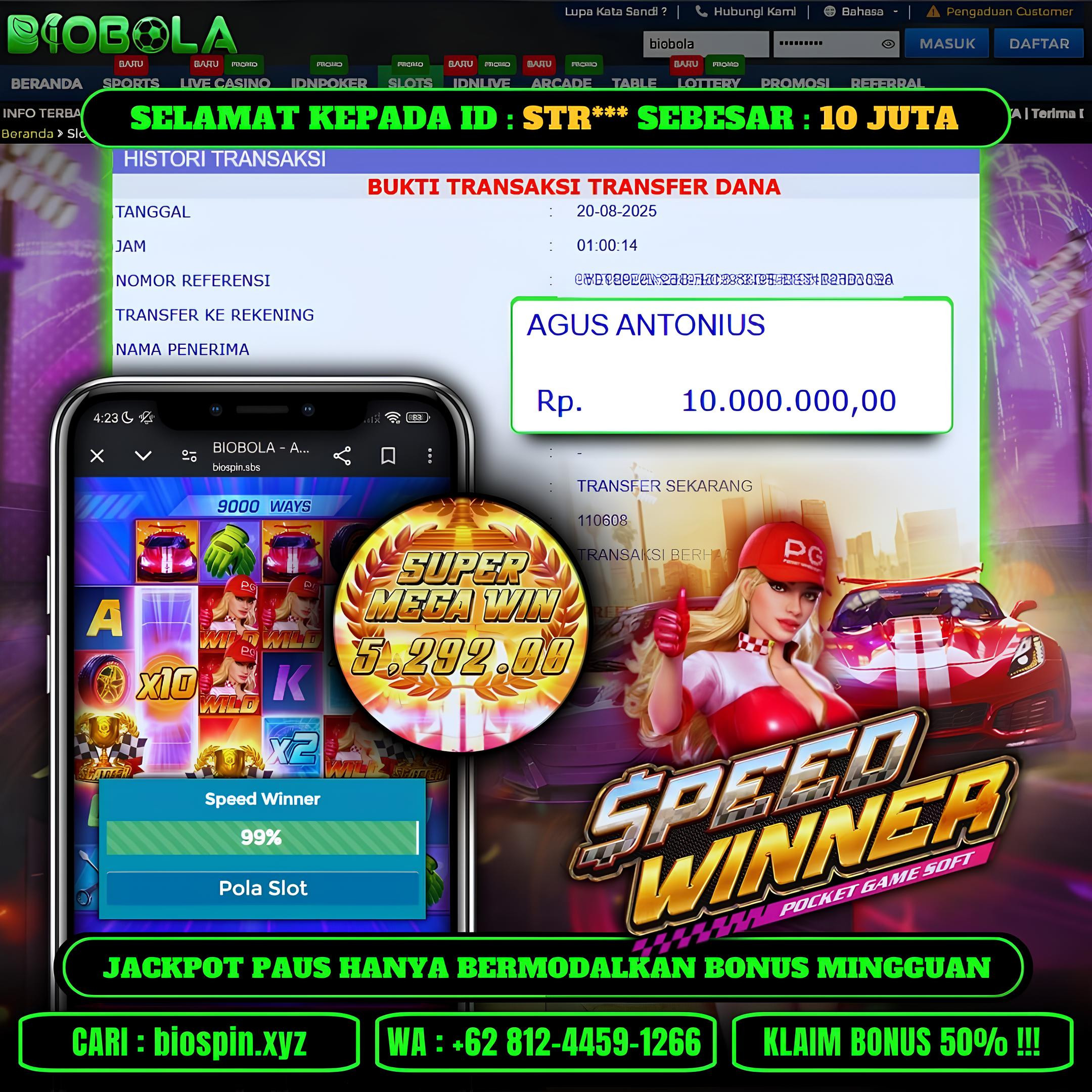 BIOBOLA  - JACKPOT DI GAME SLOT SPEED WINNER RP 10JT DIBAYAR LUNAS