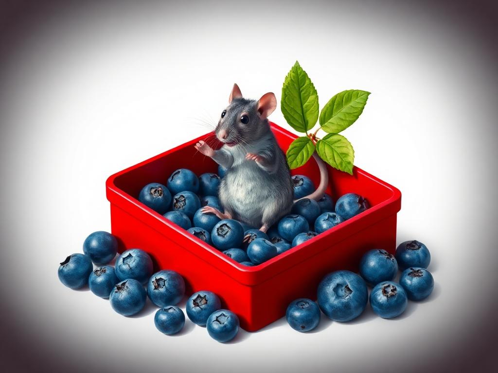 A red box of blue berries with a rat dancing inside