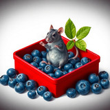 www.naked-ai.art - A red box of blue berries with a rat dancing inside