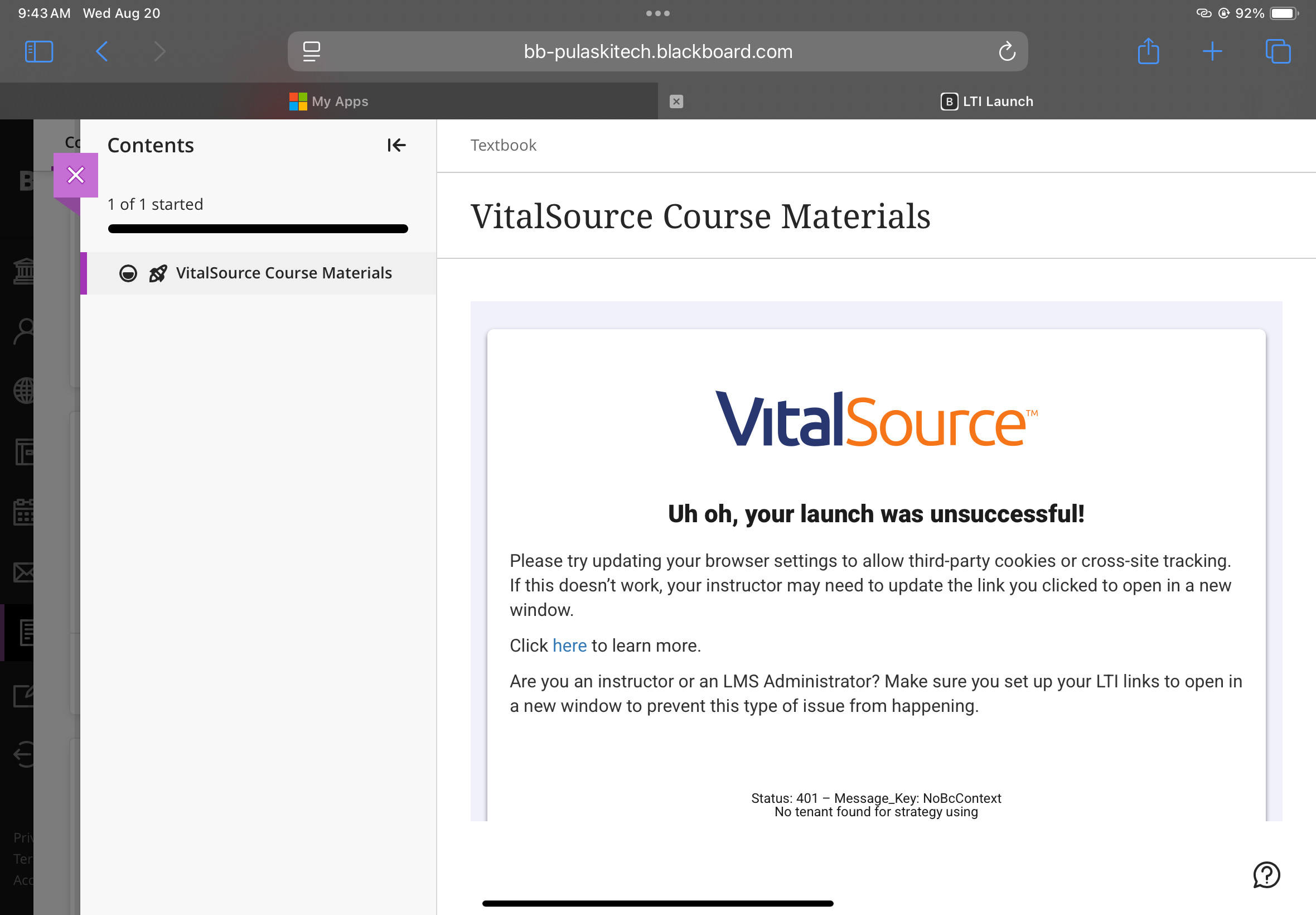 VitalSource Safari Error Screenshot