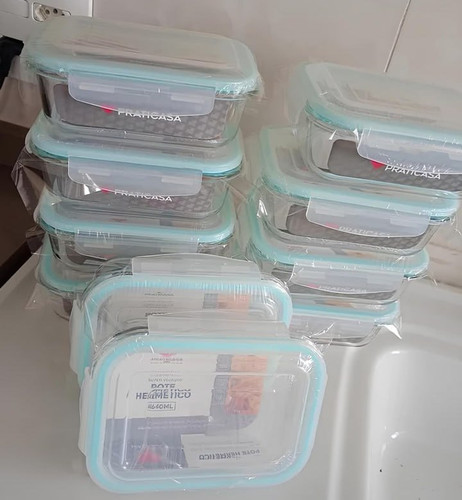 Kit 10 Pote Hermético De Vidro Retangular 640ml Quality House Azul claro.jpg