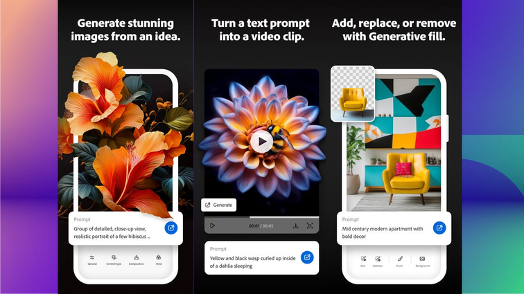None three images showing the Adobe Firefly AI tools on a smartphone outline