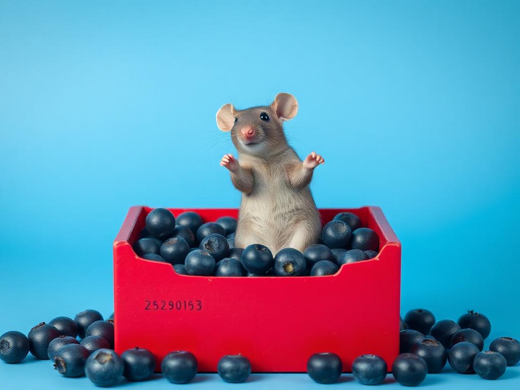 A red box of blue berries with a rat dancing inside