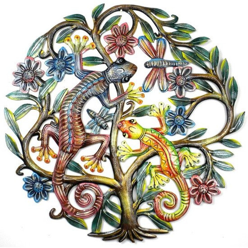 metal drum art tree of life with gekko painted 1.jpg