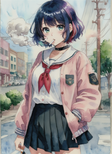 06994 377928738 1girl, solo, (cigarette, smoking 1.2), black hair, skirt, jacket, choker, serafuku, .png