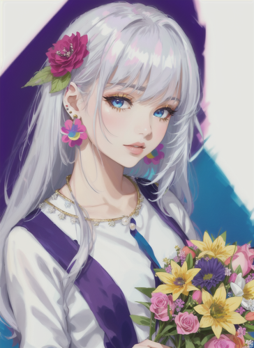 06890 422797004 1girl, flower, solo, white hair, holding, pink flower, blue eyes, looking at viewer,.png