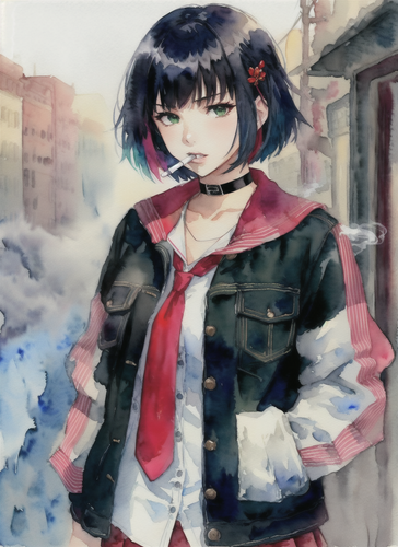 06946 1812167457 1girl, solo, (cigarette, smoking 1.2), black hair, skirt, jacket, choker, serafuku,.png