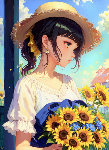 07564 3492258386 1girl, flower, solo, hat, holding, blue eyes, earrings, blonde hair, jewelry, white.png