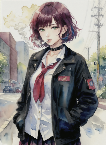 06959 3796456980 1girl, solo, (cigarette, smoking 1.2), black hair, skirt, jacket, choker, serafuku,.png