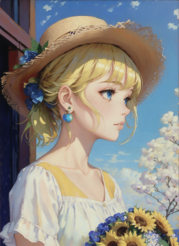 06908 3500428731 1girl, flower, solo, hat, holding, blue eyes, earrings, blonde hair, jewelry, white.png