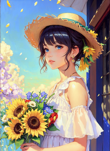 07569 3492258391 1girl, flower, solo, hat, holding, blue eyes, earrings, blonde hair, jewelry, white.png