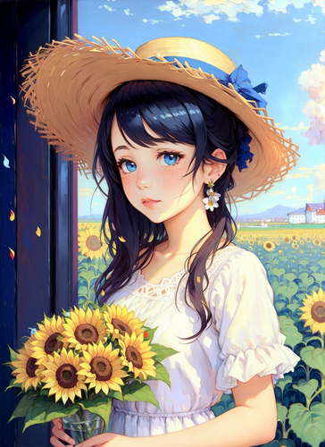 07560 3492258382 1girl, flower, solo, hat, holding, blue eyes, earrings, blonde hair, jewelry, white.png