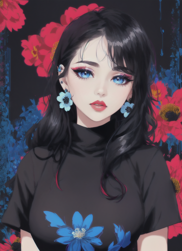 06843 1513996347 1girl, flower, solo, earrings, jewelry, portrait, black hair, looking at viewer, ey.png