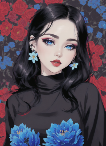 06845 1513996349 1girl, flower, solo, earrings, jewelry, portrait, black hair, looking at viewer, ey.png