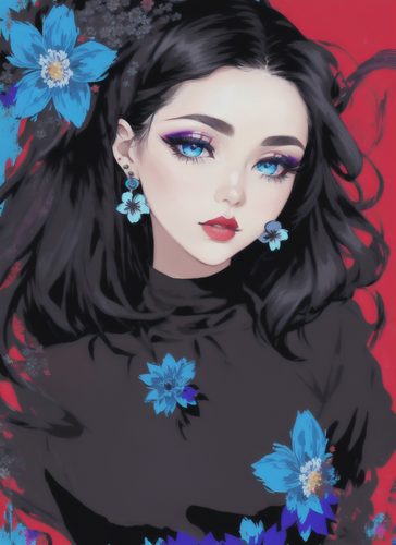 06839 1513996343 1girl, flower, solo, earrings, jewelry, portrait, black hair, looking at viewer, ey.png