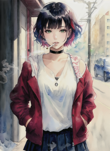 02077 1862896507 1girl, solo, (cigarette, smoking 1.2), black hair, skirt, jacket, choker, serafuku,.png